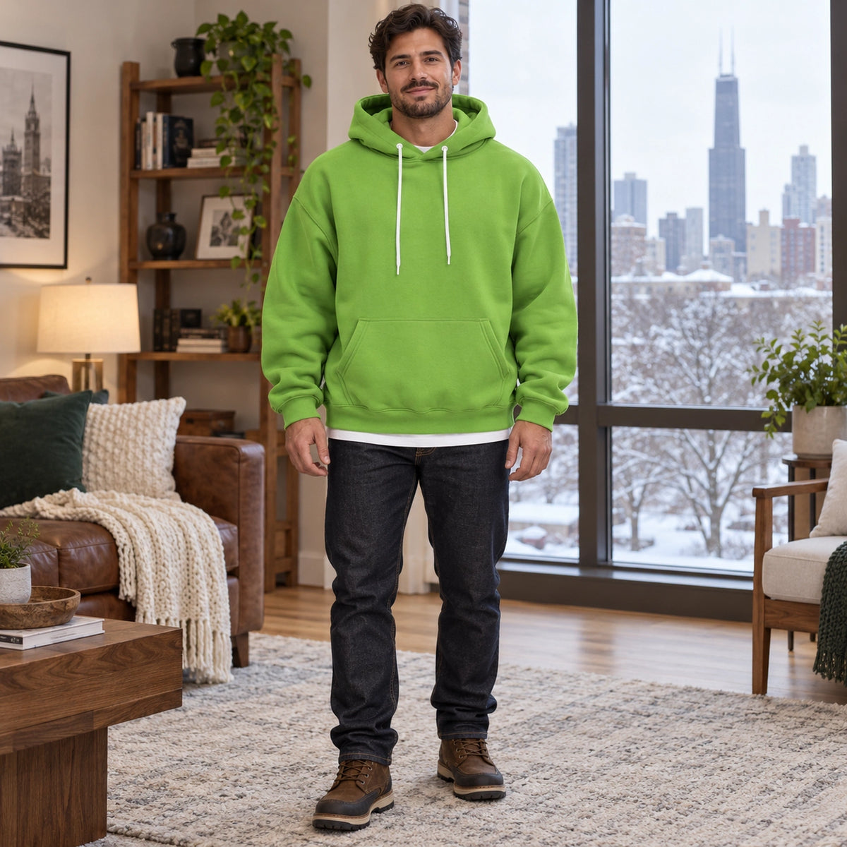 mens hoodie — Men's Oversized Kangaroo Pocket Hoodie — Matteo, Lime Green, complete front view, worn by an adult — view 5