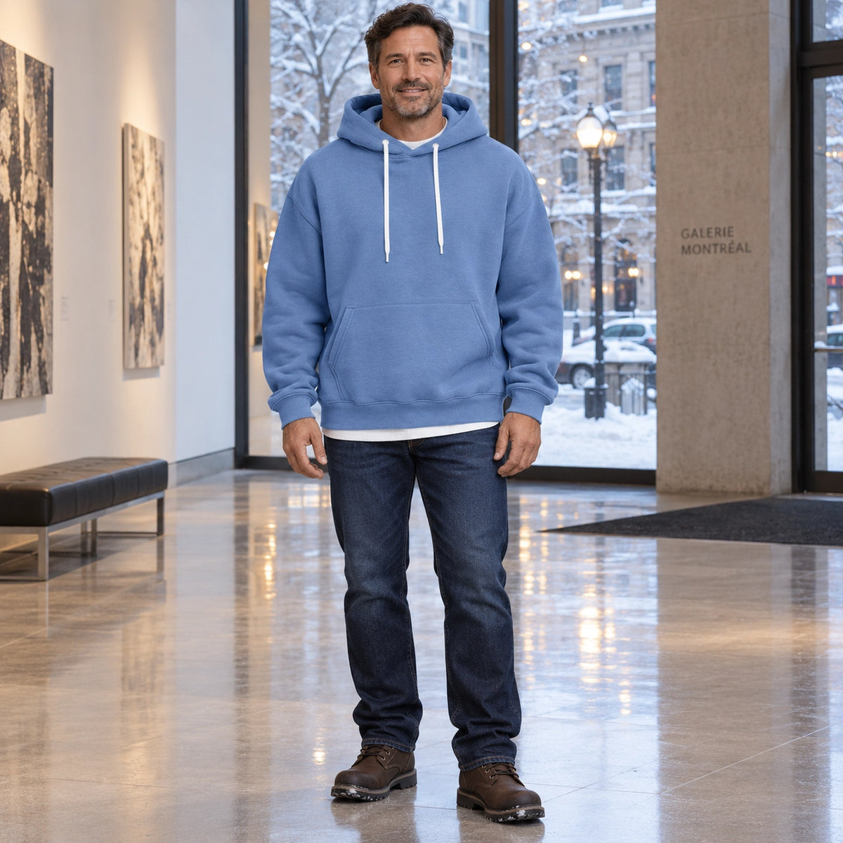 mens hoodie — Men's Oversized Kangaroo Pocket Hoodie — Matteo, Denim Blue, complete front view, worn by an adult — view 6