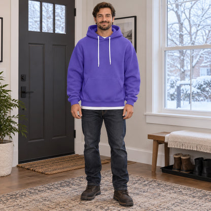 mens hoodie — Men's Oversized Kangaroo Pocket Hoodie — Matteo, Purple, complete front view, worn by an adult model — view 7