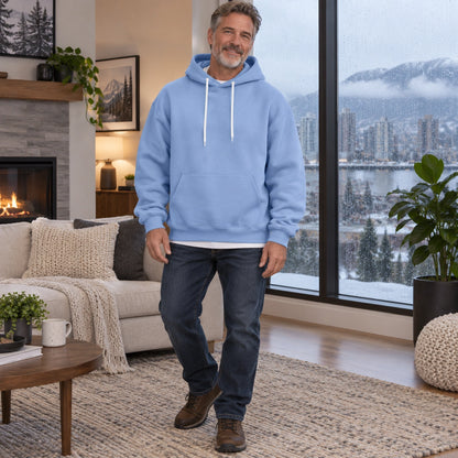 mens hoodie — Men's Oversized Kangaroo Pocket Hoodie — Matteo, Light Blue, three quarter view, worn by an adult — view 8