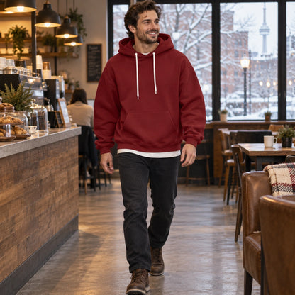 mens hoodie — Men's Oversized Kangaroo Pocket Hoodie — Matteo, Burgundy, view, worn by an adult model, Usa and — view 9