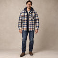 mens hoodie — Men's Plaid Hooded Lined Shirt Jacket — Ethan, Navy Cream Mustard complete front view, worn by an adult model