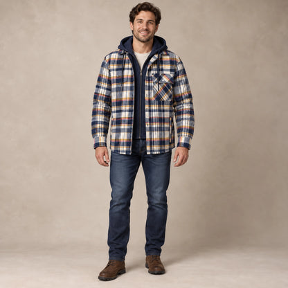 mens hoodie — Men's Plaid Hooded Lined Shirt Jacket — Ethan, Navy Cream Mustard complete front view, worn by an adult model