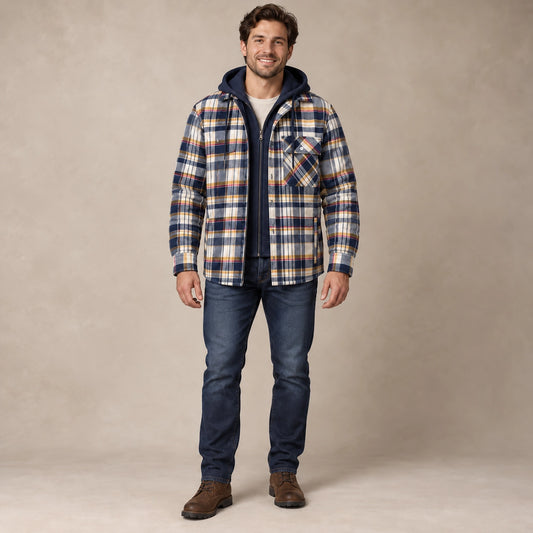 mens hoodie — Men's Plaid Hooded Lined Shirt Jacket — Ethan, Navy Cream Mustard complete front view, worn by an adult model