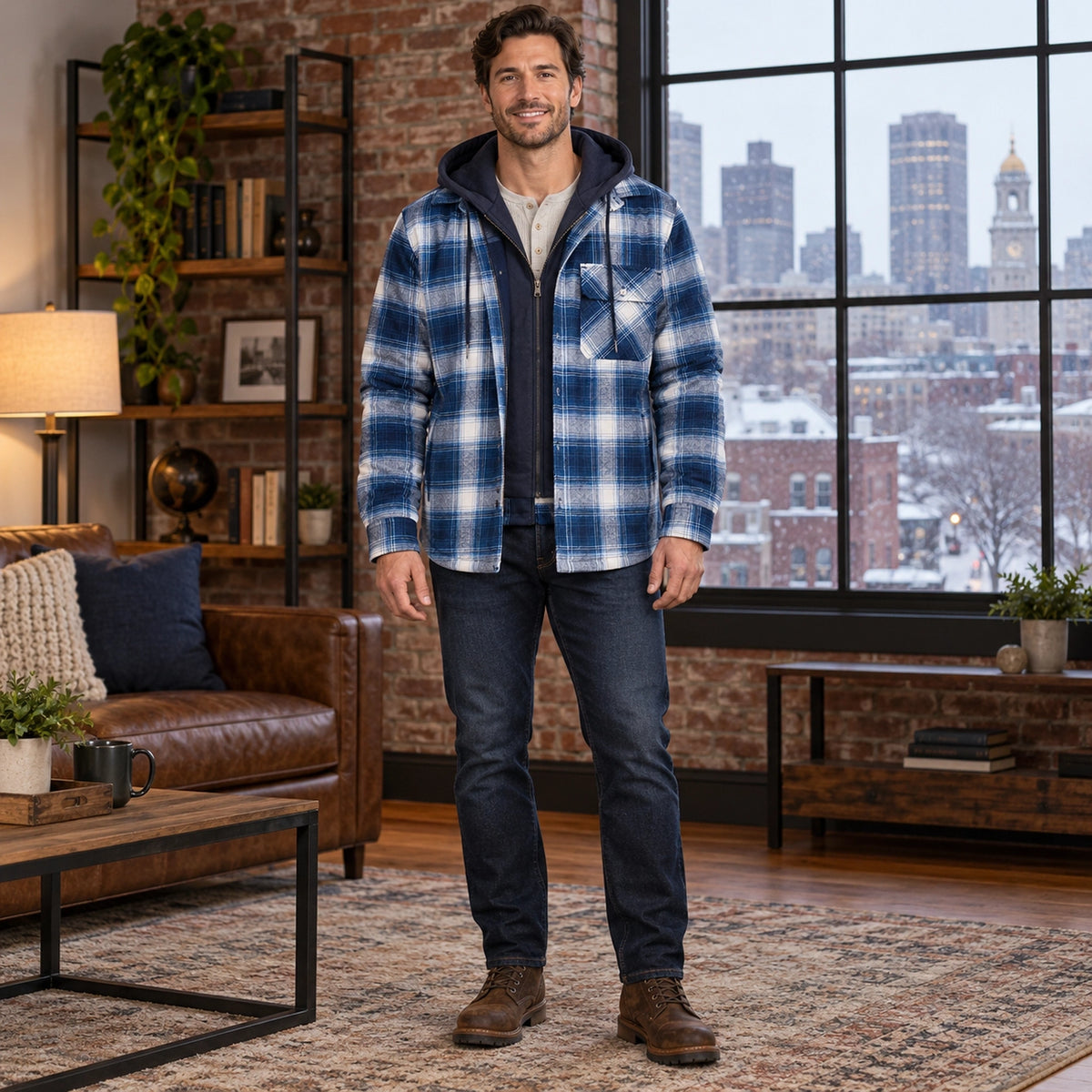 mens hoodie — Men's Plaid Hooded Lined Shirt Jacket — Ethan, White Blue complete front view, worn by an adult model — view 3