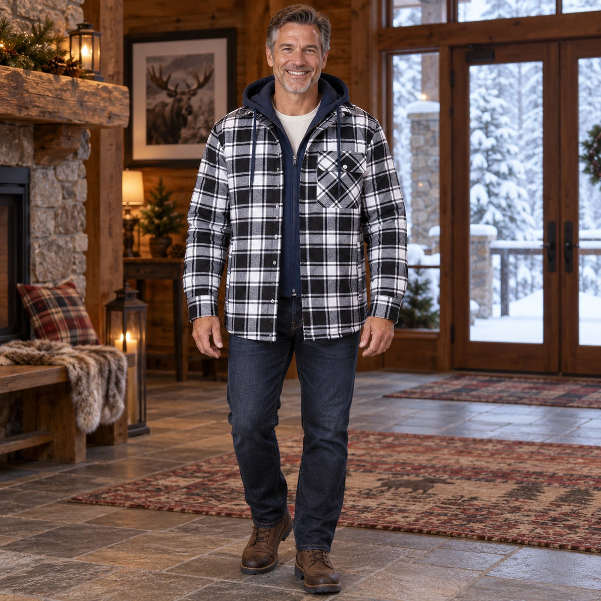 mens hoodie — Men's Plaid Hooded Lined Shirt Jacket — Ethan, Black White complete front view, worn by an adult — view 4