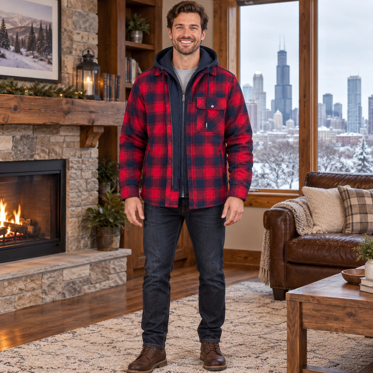 mens hoodie — Men's Plaid Hooded Lined Shirt Jacket — Ethan, Red Navy complete front view, worn by an adult model — view 5