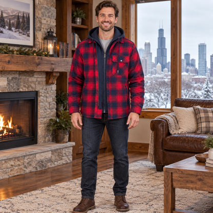 mens hoodie — Men's Plaid Hooded Lined Shirt Jacket — Ethan, Red Navy complete front view, worn by an adult model — view 5