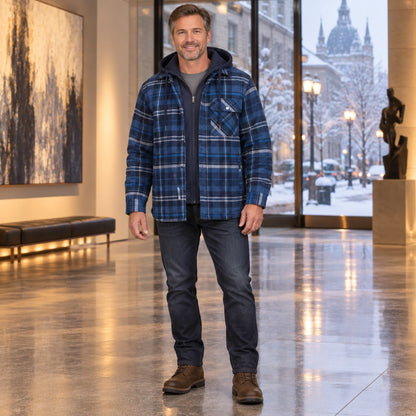 mens hoodie — Men's Plaid Hooded Lined Shirt Jacket — Ethan, Navy Slate Blue complete front view, worn by an adult — view 6
