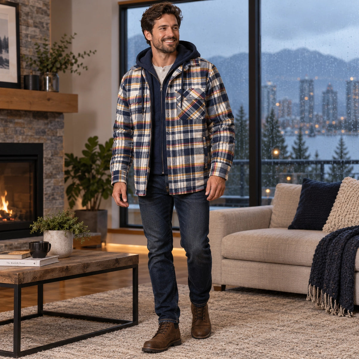 mens hoodie — Men's Plaid Hooded Lined Shirt Jacket — Ethan, Navy Cream Mustard three quarter view, worn by an adult — view 7