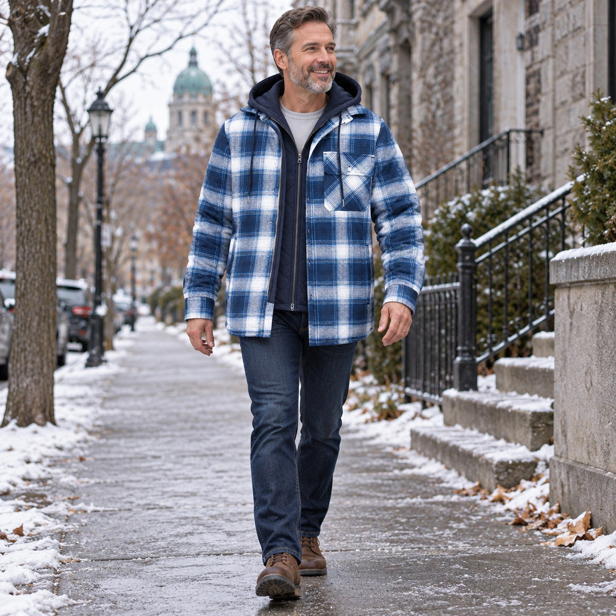 mens hoodie — Men's Plaid Hooded Lined Shirt Jacket — Ethan, White Blue view, worn by an adult model, Usa and Canada — view 8
