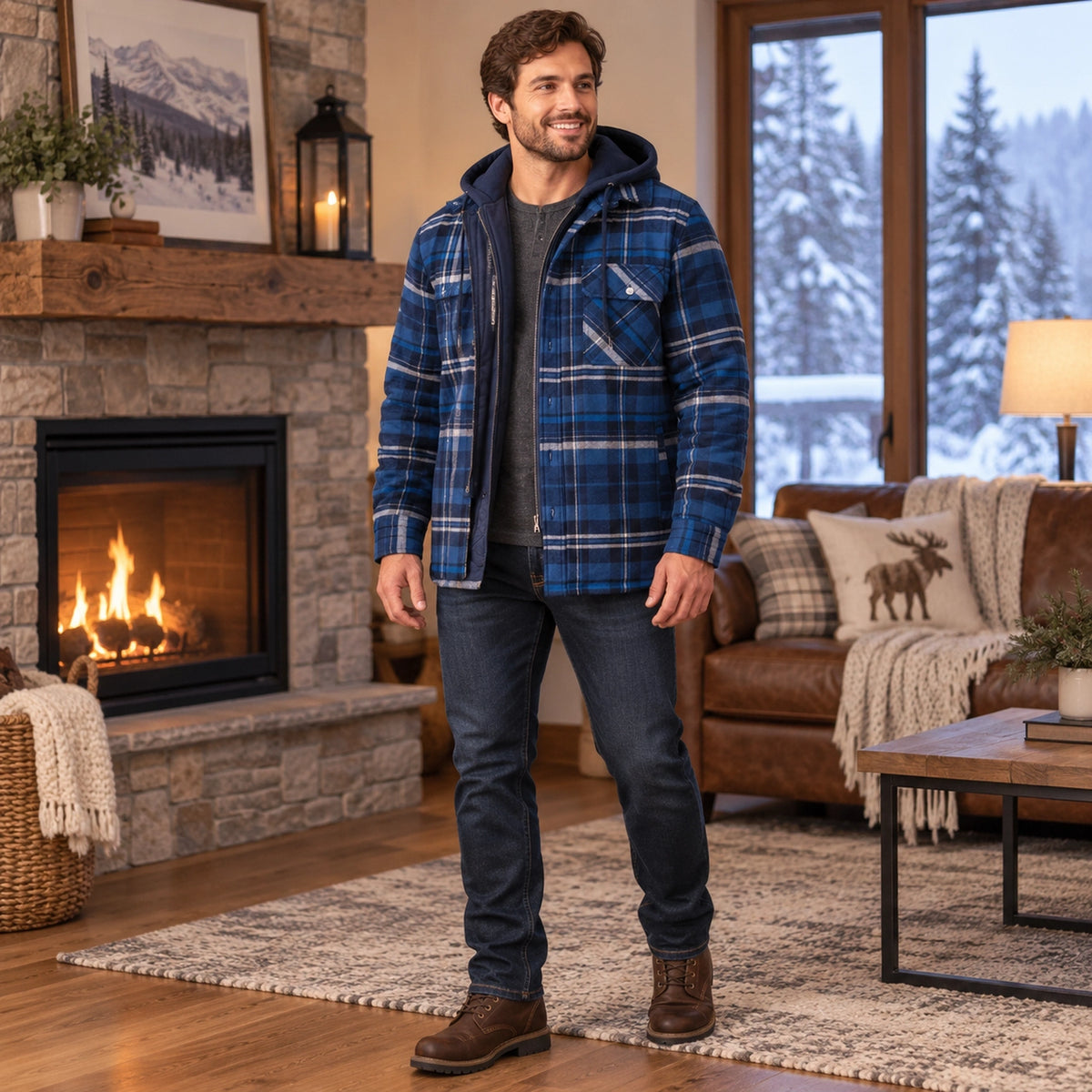 mens hoodie — Men's Plaid Hooded Lined Shirt Jacket — Ethan, Navy Slate Blue view, worn by an adult model, Usa and — view 9