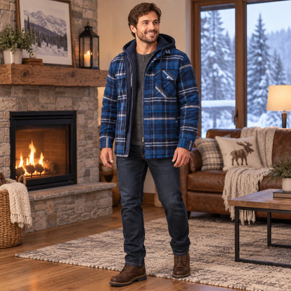 mens hoodie — Men's Plaid Hooded Lined Shirt Jacket — Ethan, Navy Slate Blue view, worn by an adult model, Usa and — view 9