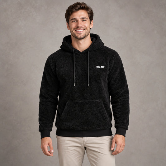 mens hoodie — Black Paul plush fleece pullover hoodie, complete front view on young model in warm neutral