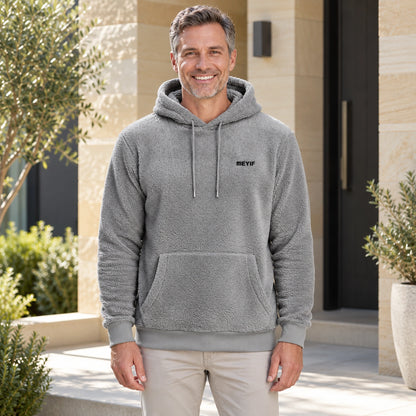 mens hoodie — Gray Paul plush fleece pullover hoodie, complete front view on mature model — view 2
