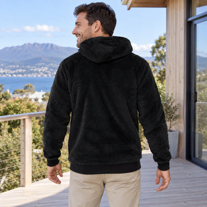 mens hoodie — Black Paul plush fleece pullover hoodie, complete rear view on young model — view 3