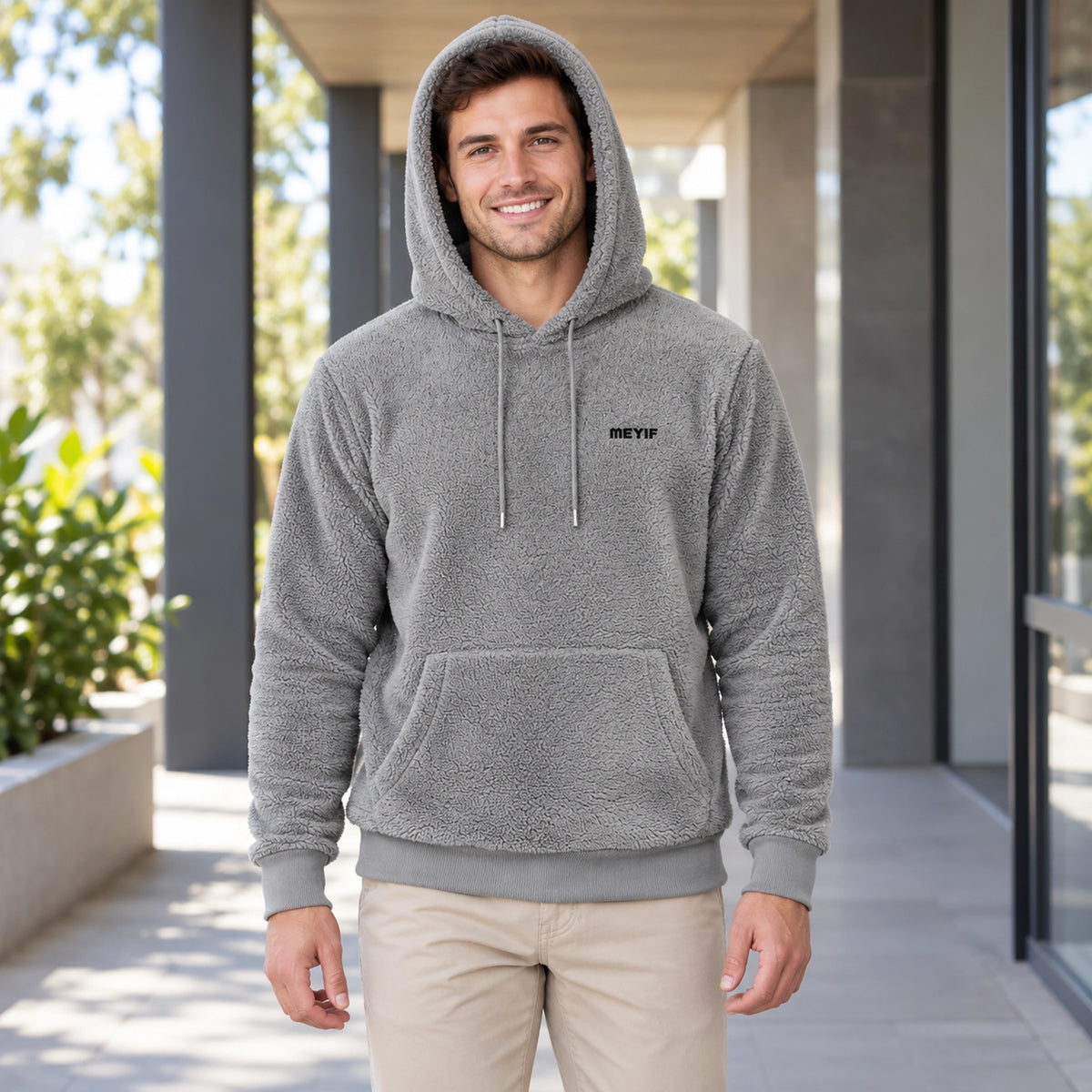 mens hoodie — Gray Paul plush fleece pullover hoodie, hood up front view on young model — view 6