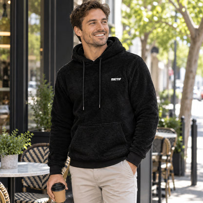 mens hoodie — Black Paul plush fleece pullover hoodie, young model at Melbourne outdoor cafe — view 7