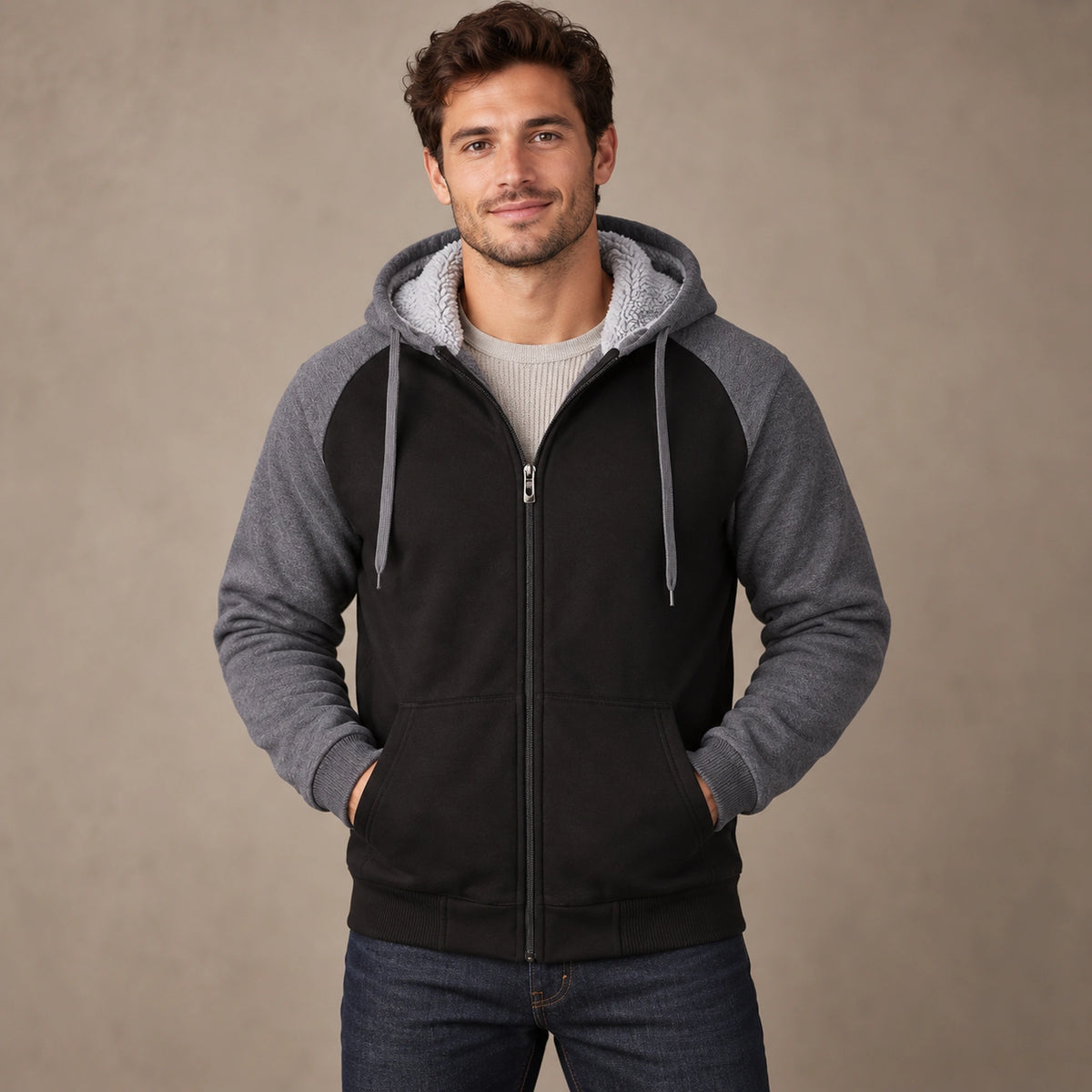 mens hoodie — Men's Sherpa Lined Color Block Zip Up Hoodie — Niels, Black with Gray Sleeves, complete front view, worn by an