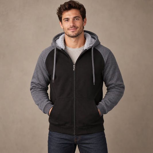 mens hoodie — Men's Sherpa Lined Color Block Zip Up Hoodie — Niels, Black with Gray Sleeves, complete front view, worn by an