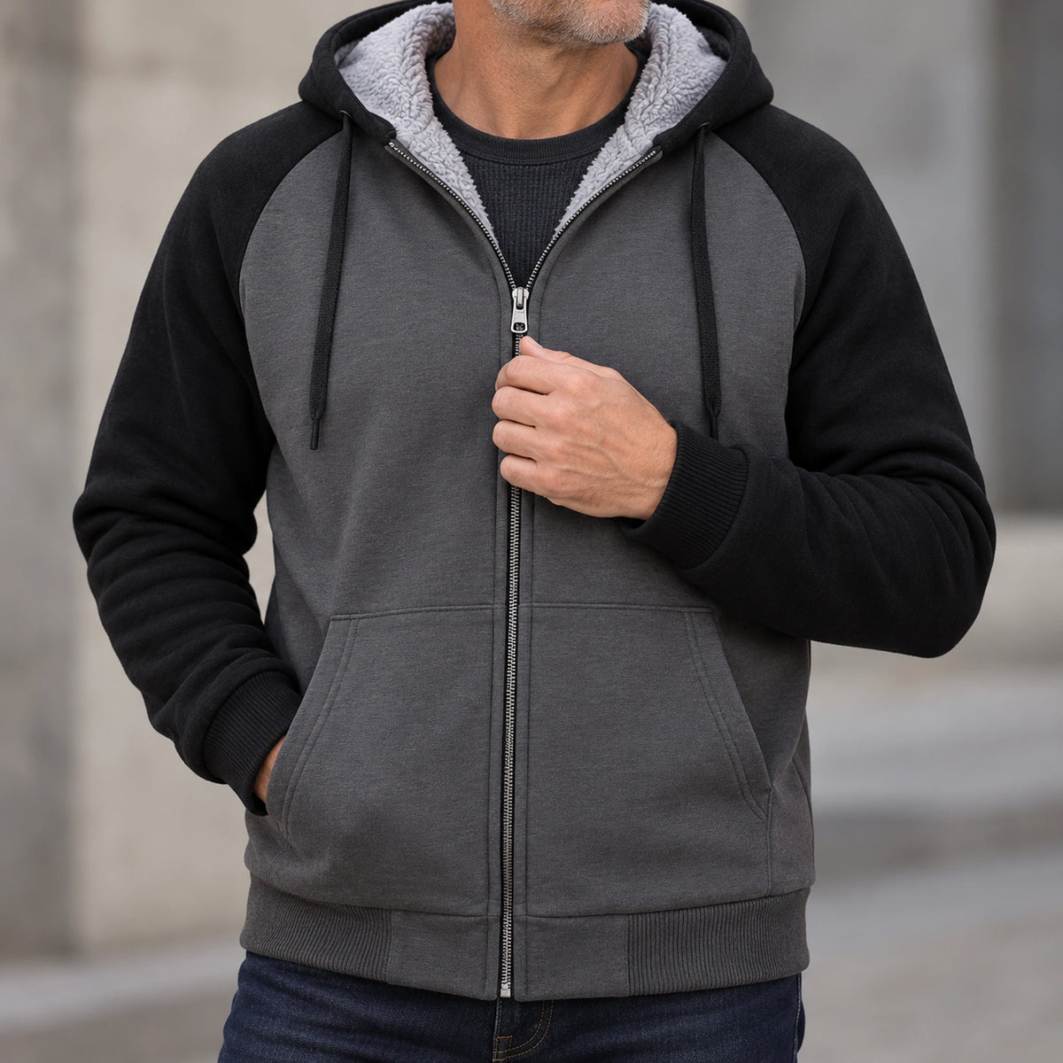 mens hoodie — Men's Sherpa Lined Color Block Zip Up Hoodie — Niels, Dark Gray with Black Sleeves, garment detail — view 10