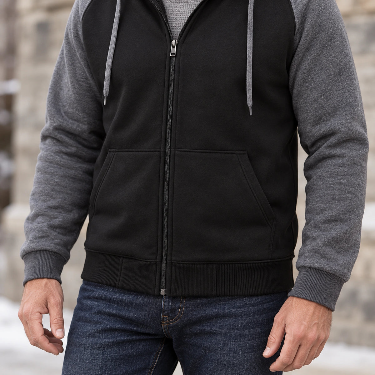 mens hoodie — Men's Sherpa Lined Color Block Zip Up Hoodie — Niels, Black with Gray Sleeves, garment detail close — view 11