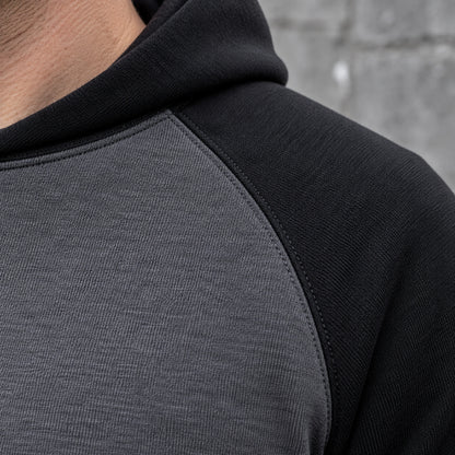 mens hoodie — Men's Sherpa Lined Color Block Zip Up Hoodie — Niels, Dark Gray with Black Sleeves, garment detail — view 14
