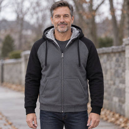mens hoodie — Men's Sherpa Lined Color Block Zip Up Hoodie — Niels, Dark Gray with Black Sleeves, complete front — view 2