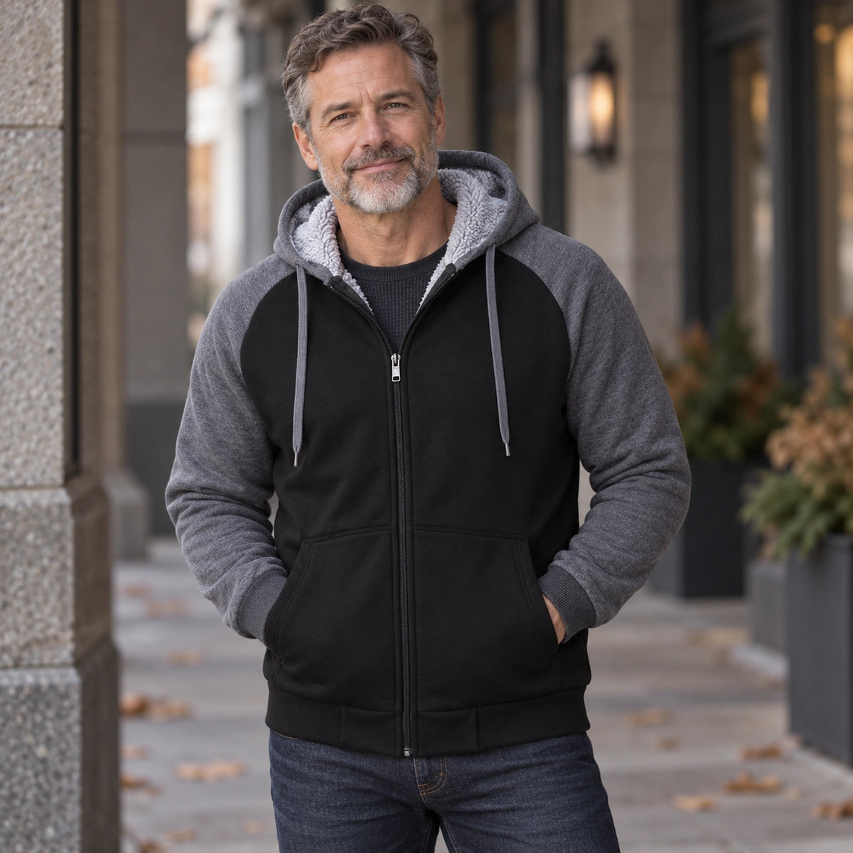 mens hoodie — Men's Sherpa Lined Color Block Zip Up Hoodie — Niels, Black with Gray Sleeves, complete front view — view 3