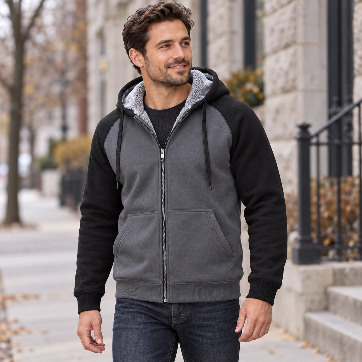 mens hoodie — Men's Sherpa Lined Color Block Zip Up Hoodie — Niels, Dark Gray with Black Sleeves, front three — view 4