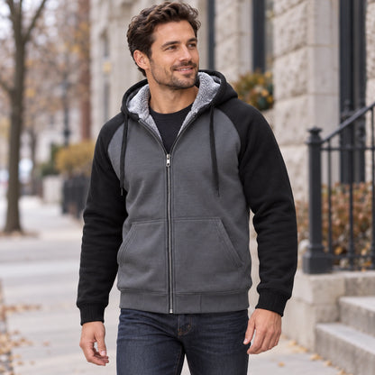 mens hoodie — Men's Sherpa Lined Color Block Zip Up Hoodie — Niels, Dark Gray with Black Sleeves, front three — view 4