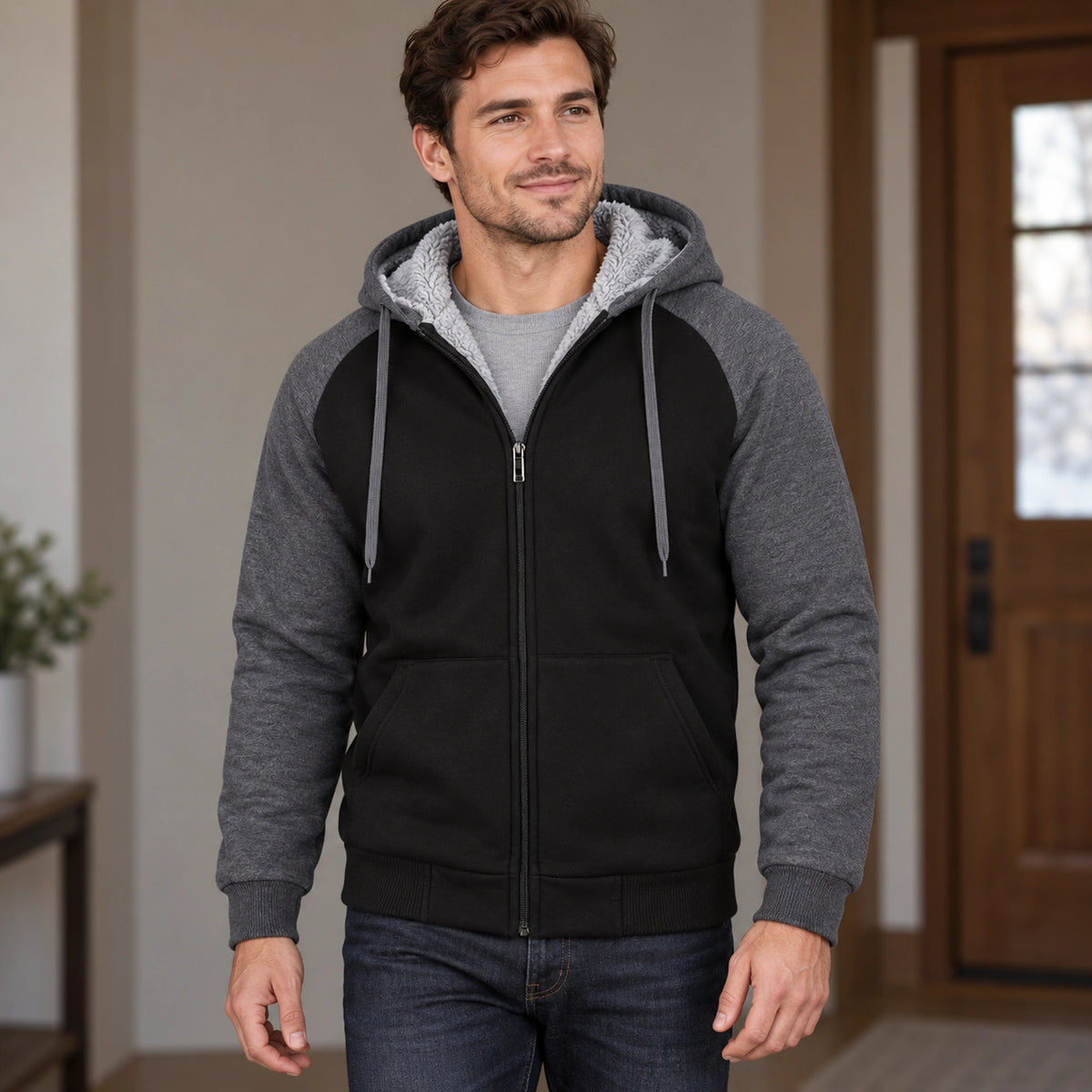 mens hoodie — Men's Sherpa Lined Color Block Zip Up Hoodie — Niels, Black with Gray Sleeves, front three quarter — view 5