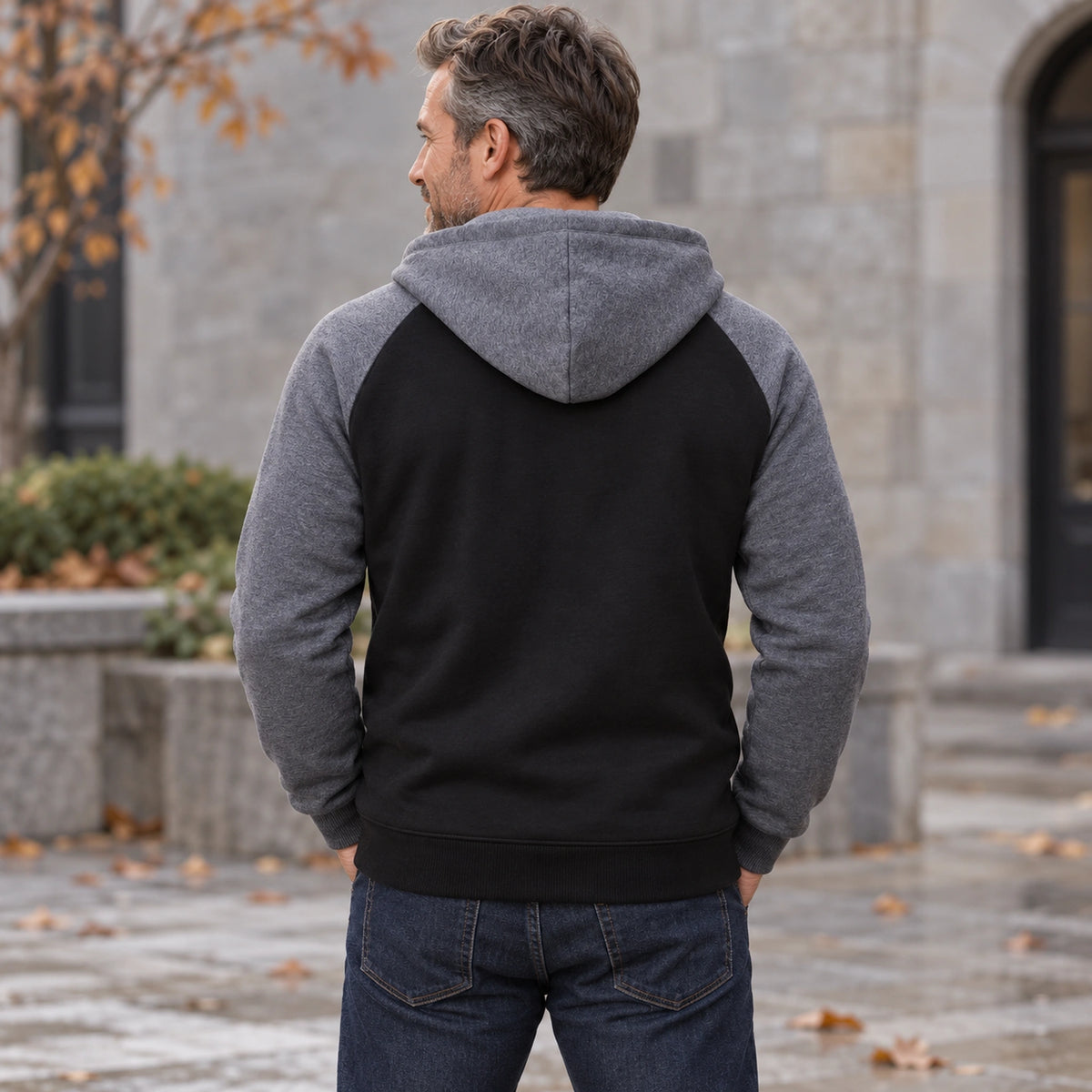 mens hoodie — Men's Sherpa Lined Color Block Zip Up Hoodie — Niels, Black with Gray Sleeves, complete rear view — view 6