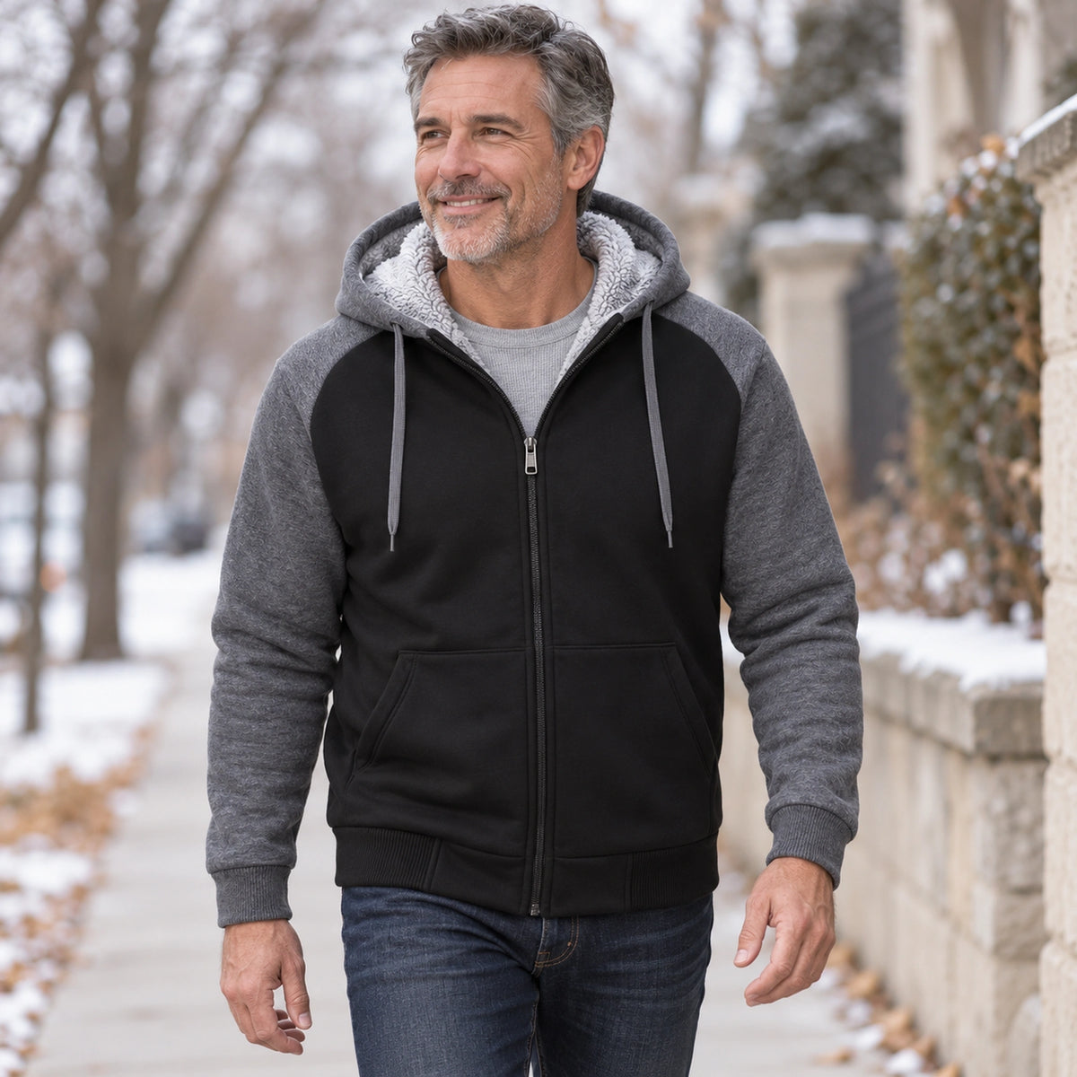 mens hoodie — Men's Sherpa Lined Color Block Zip Up Hoodie — Niels, Black with Gray Sleeves, outdoor view, worn by — view 7