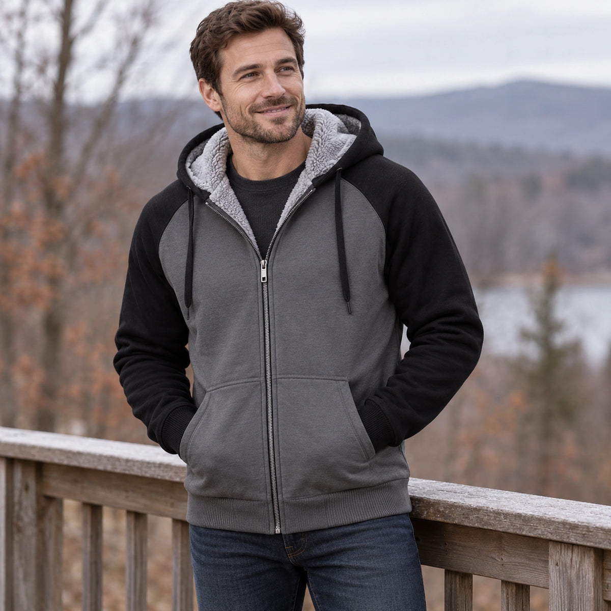mens hoodie — Men's Sherpa Lined Color Block Zip Up Hoodie — Niels, Dark Gray with Black Sleeves, outdoor view, worn — view 8