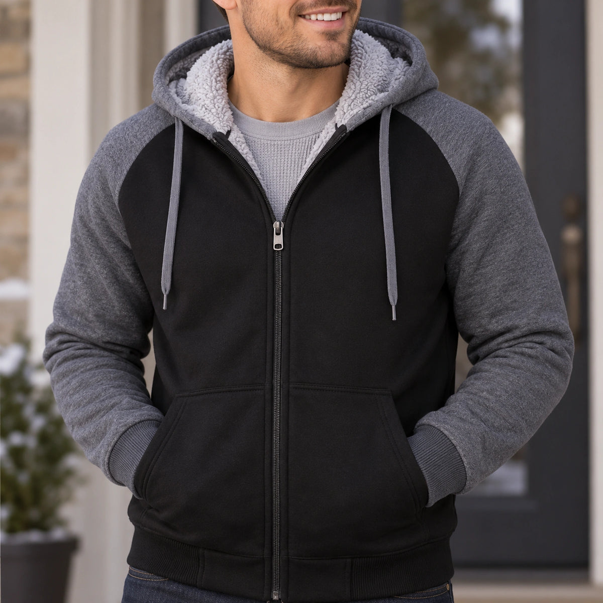 mens hoodie — Men's Sherpa Lined Color Block Zip Up Hoodie — Niels, Black with Gray Sleeves, garment detail close — view 9