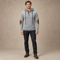 mens hoodie — Men's Textured Button Placket Hoodie — Peter, Light Gray, complete front view, worn by an adult model