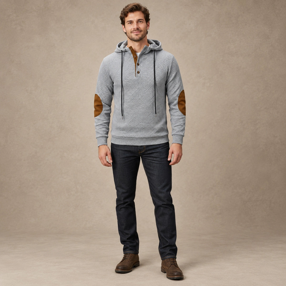 mens hoodie — Men's Textured Button Placket Hoodie — Peter, Light Gray, complete front view, worn by an adult model