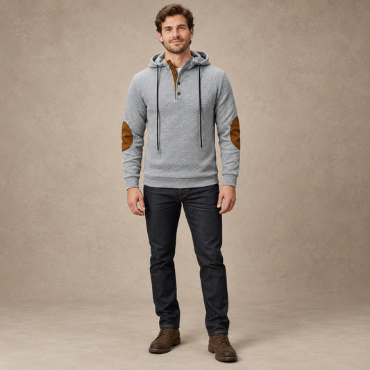 mens hoodie — Men's Textured Button Placket Hoodie — Peter, Light Gray, complete front view, worn by an adult model