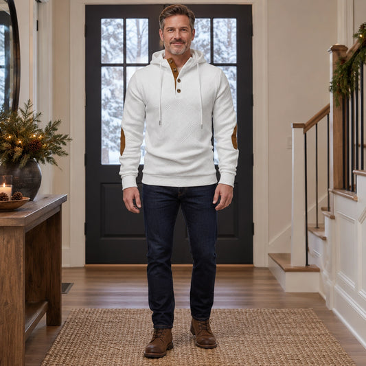 mens hoodie — Men's Textured Button Placket Hoodie — Peter, White, complete front view, worn by an adult model, Usa — view 2