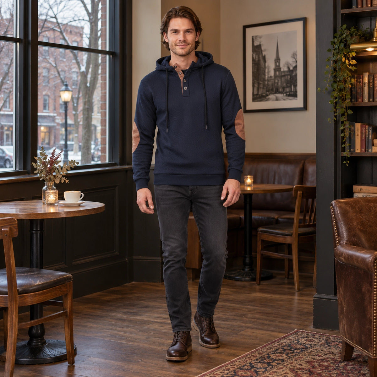 mens hoodie — Men's Textured Button Placket Hoodie — Peter, Dark Blue, complete front view, worn by an adult model — view 3