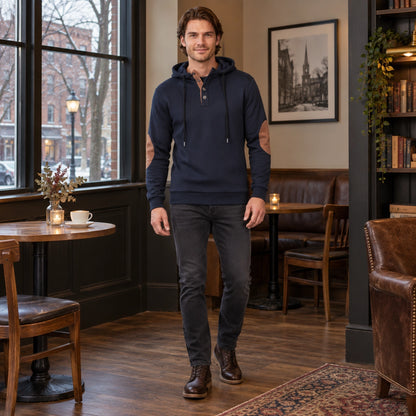 mens hoodie — Men's Textured Button Placket Hoodie — Peter, Dark Blue, complete front view, worn by an adult model — view 3