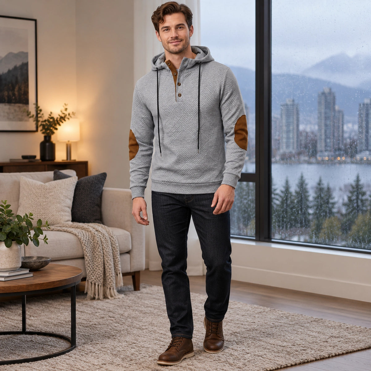 mens hoodie — Men's Textured Button Placket Hoodie — Peter, Light Gray, three quarter view, worn by an adult model — view 5