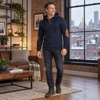 mens hoodie — Men's Textured Button Placket Hoodie — Peter, Dark Blue, three quarter view, worn by an adult model — view 6