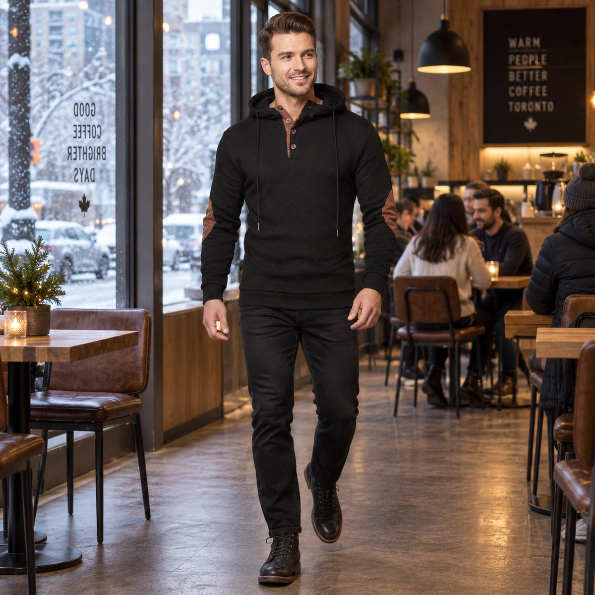 mens hoodie — Men's Textured Button Placket Hoodie — Peter, Black, view, worn by an adult model, Usa and Canada — view 7