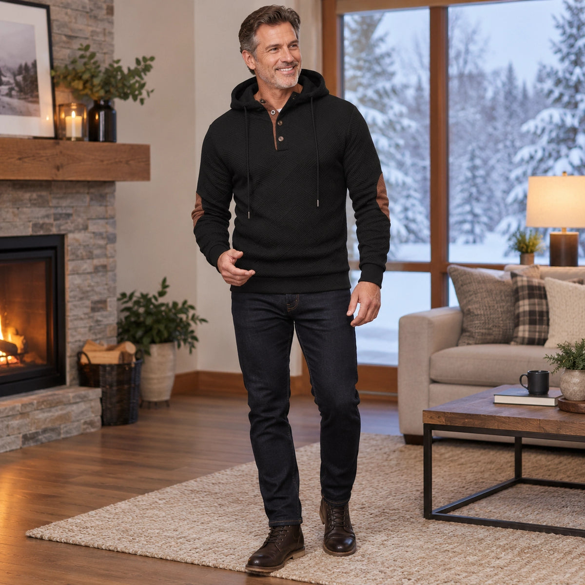 mens hoodie — Men's Textured Button Placket Hoodie — Peter, Black, view, worn by an adult model, Usa and Canada — view 8