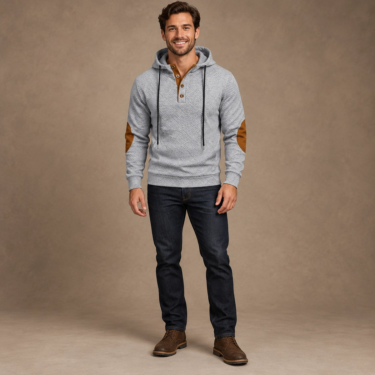 mens hoodie — Men's Textured Elbow Patch Hoodie — Mads, Light Gray, complete front view, worn by an adult model, professional