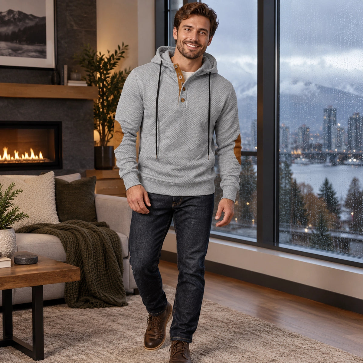 mens hoodie — Men's Textured Elbow Patch Hoodie — Mads, Light Gray, three quarter view, worn by an adult model, Usa — view 5