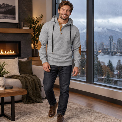 mens hoodie — Men's Textured Elbow Patch Hoodie — Mads, Light Gray, three quarter view, worn by an adult model, Usa — view 5