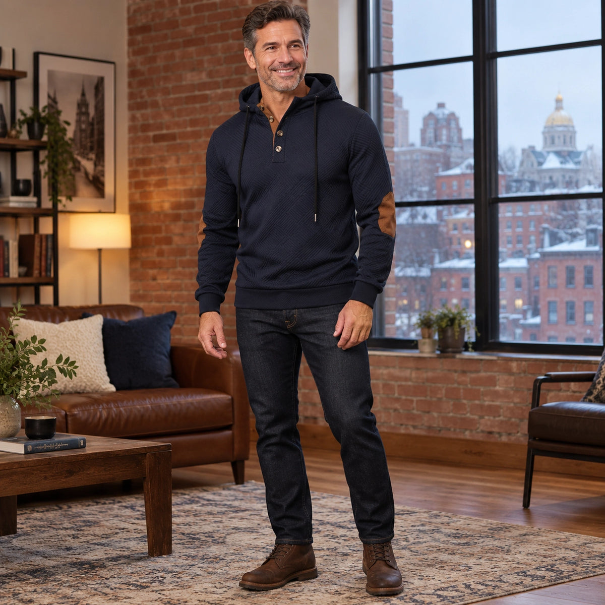 mens hoodie — Men's Textured Elbow Patch Hoodie — Mads, Navy Blue, three quarter view, worn by an adult model, Usa — view 6